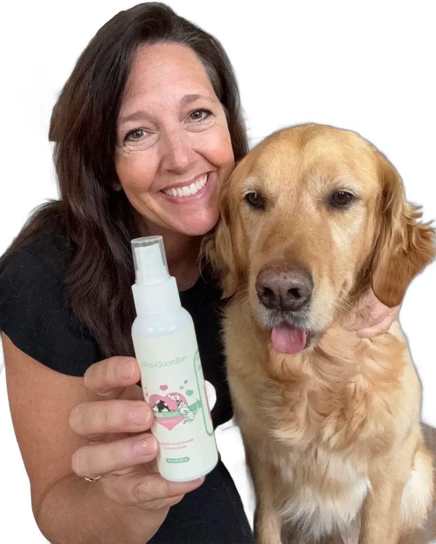 A happy dog owner holding a product next to her dog